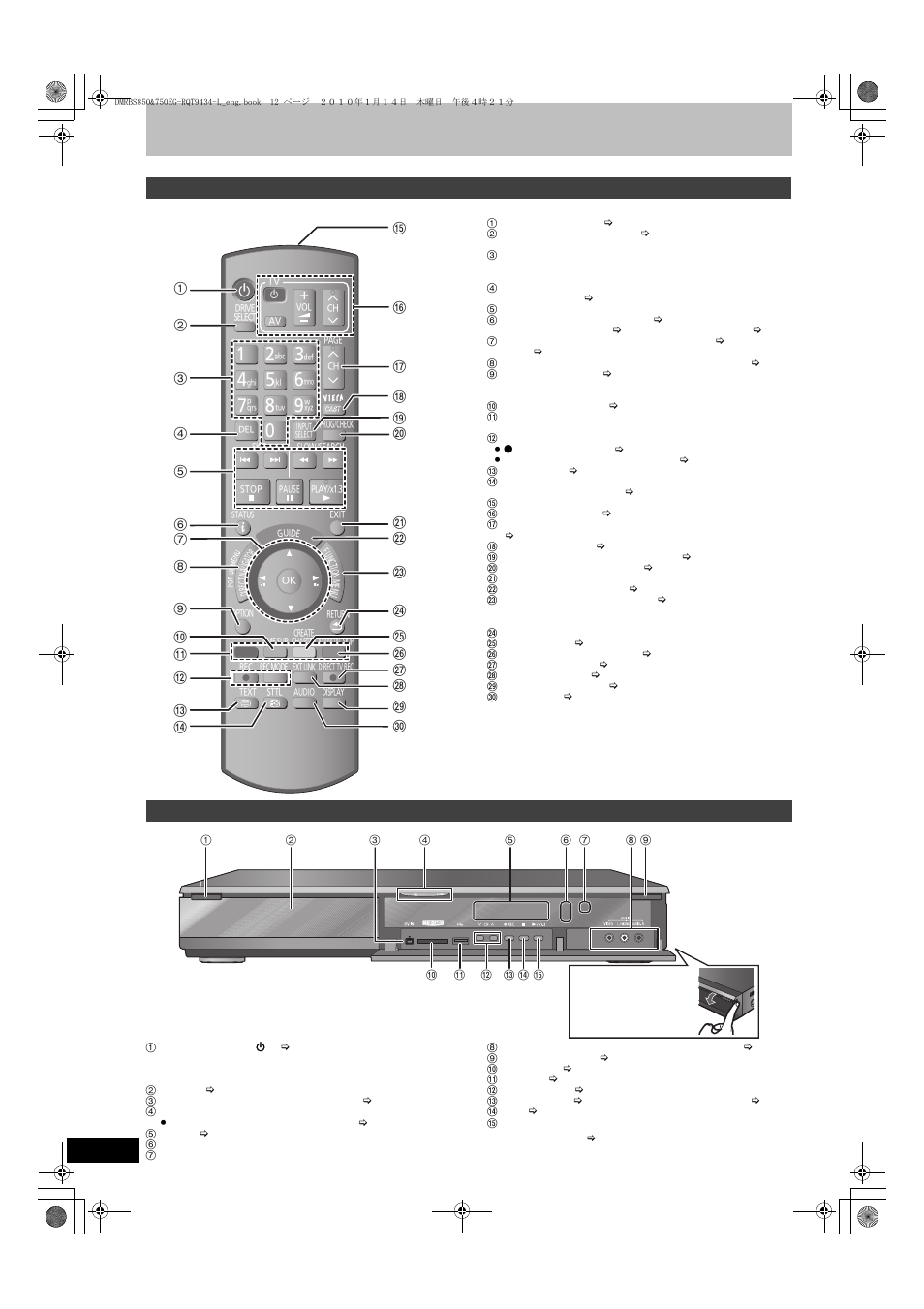 Control reference guide, Remote control, Main unit | Panasonic DMR-BS750 User Manual | Page 12 / 124