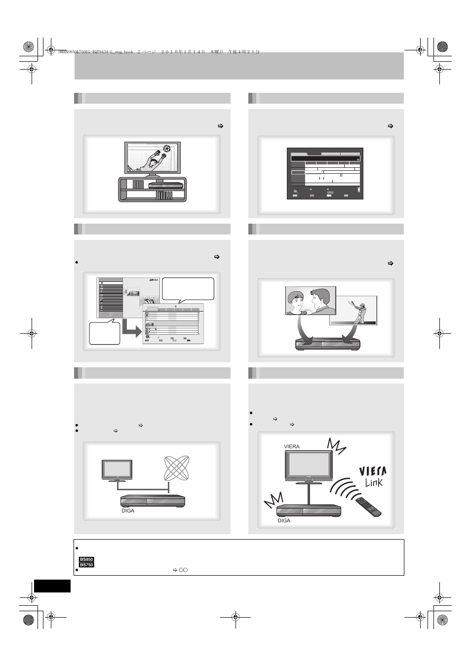 Getting started, Characteristics of this unit, Record with high definition epg | Network connection viera link “hdavi control, Function menu display, Enjoying viera cast, 78) ≥dlna feature (> 79), Diga internet dlna compatible equipment viera diga | Panasonic DMR-BS750 User Manual | Page 2 / 124