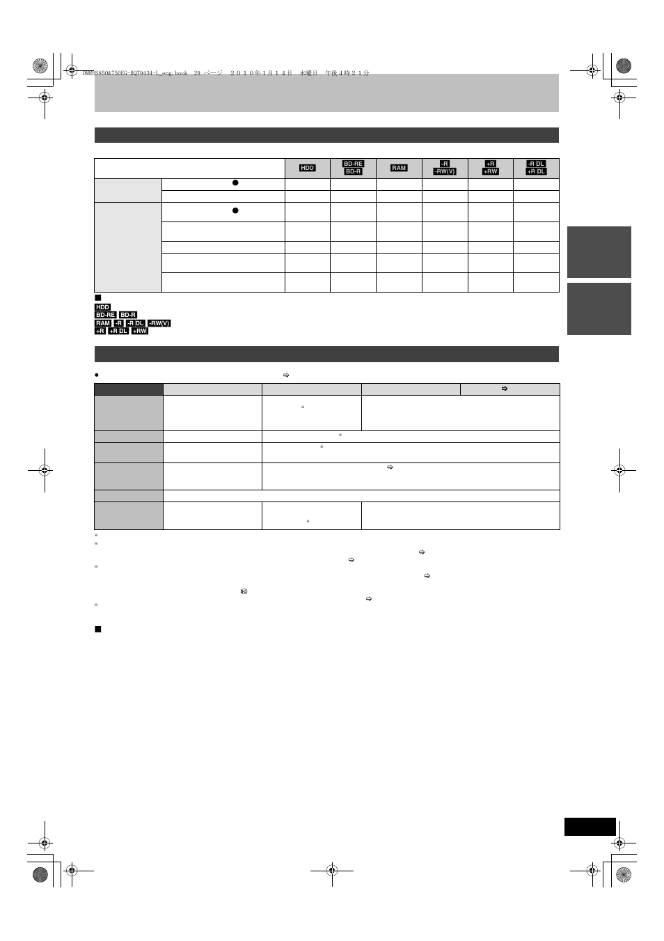 Recording, Advanced recording, Recording method and disc | Recording modes and recording contents | Panasonic DMR-BS750 User Manual | Page 29 / 124