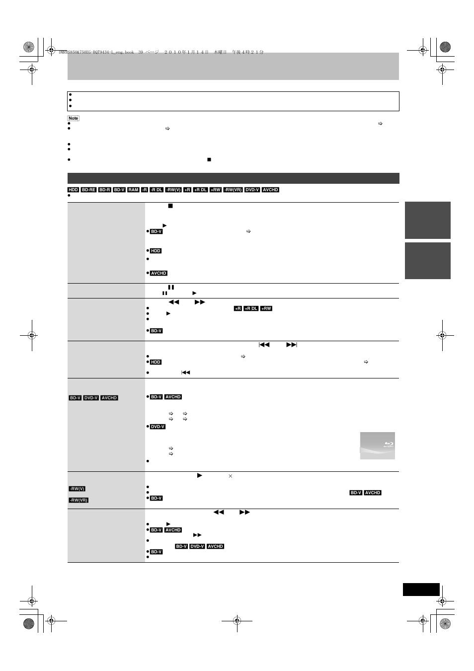 Playing back, Advanced playback, Operation during play stop | Pause, Search, Skip, Starting from a selected title, Quick view, Slow-motion | Panasonic DMR-BS750 User Manual | Page 39 / 124