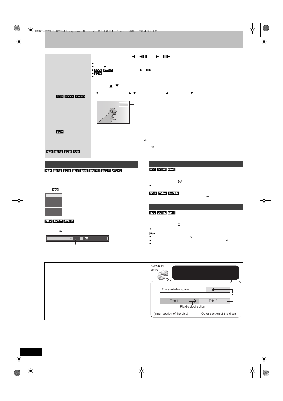 Press [audio, Press [sttl, Press [text | Frame-by-frame, Skipping the specified time (time slip), Manual skip, Aspect, Create chapter, Changing audio during play | Panasonic DMR-BS750 User Manual | Page 40 / 124