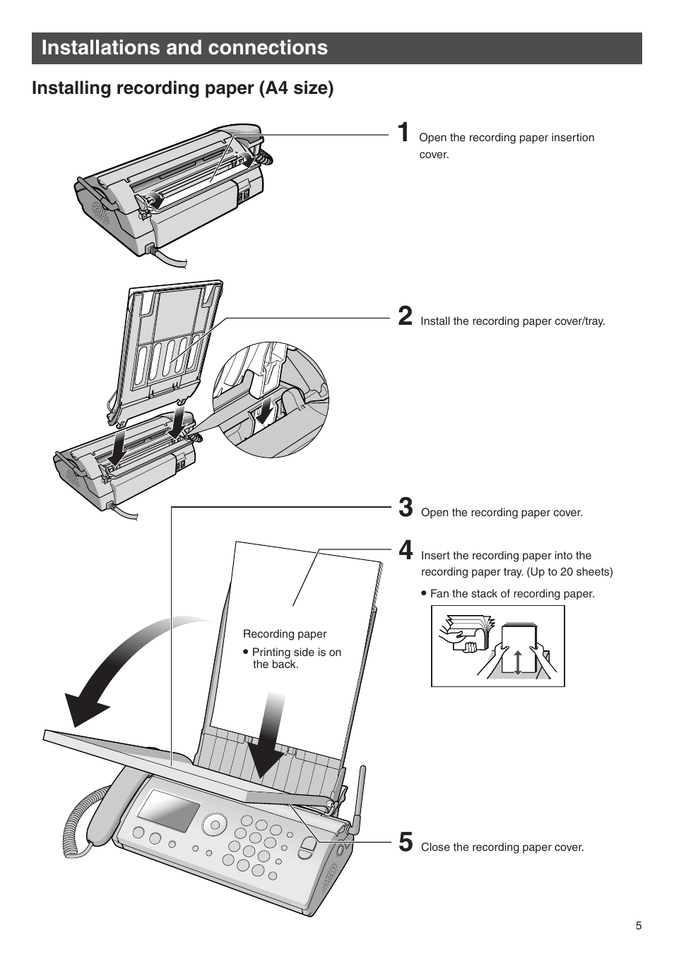 Installations and connections | Panasonic KX-PW505DL User Manual | Page 5 / 20