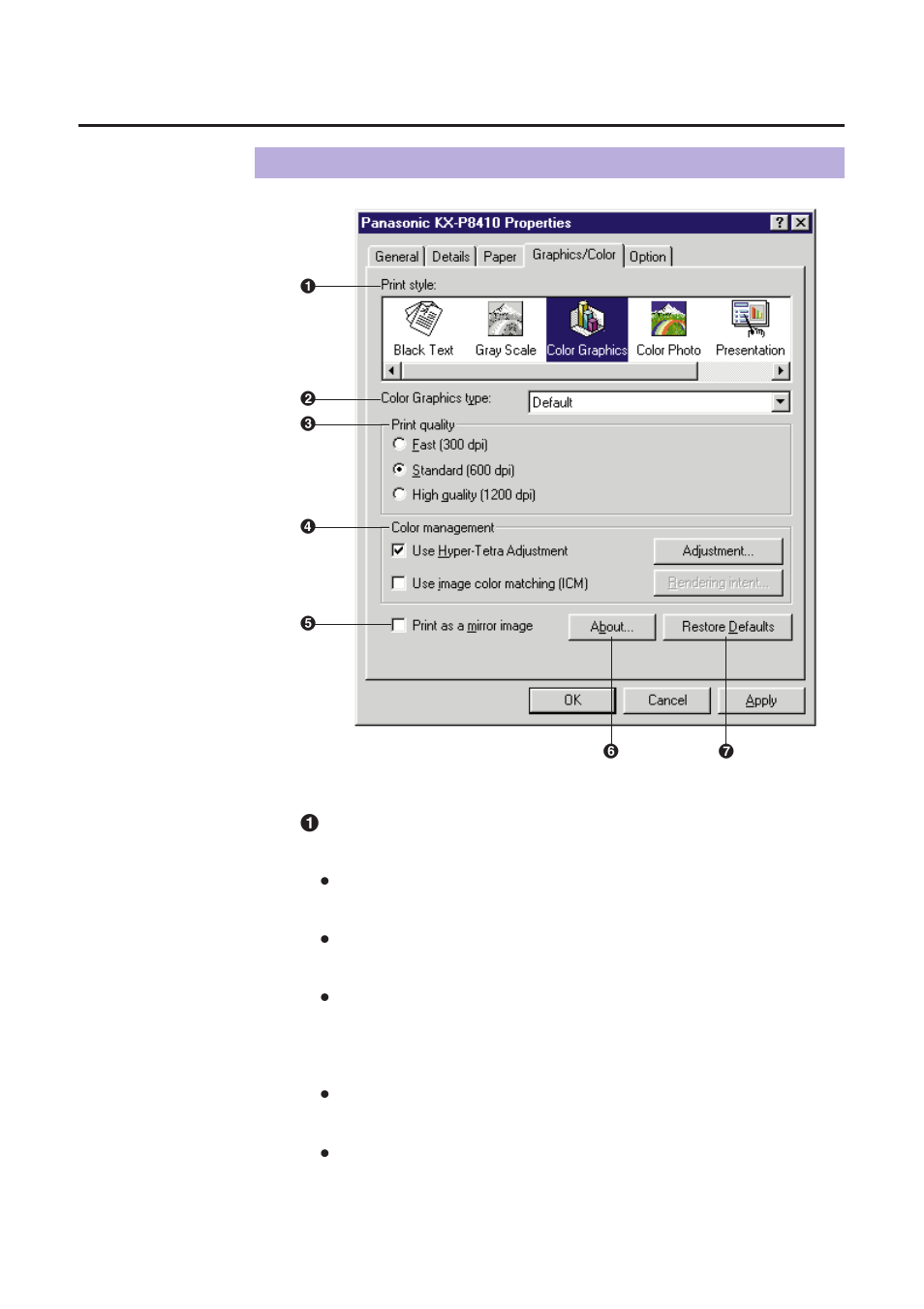 Graphics / color tab, P. 69), Using the printer | Panasonic KX-P8410 User Manual | Page 69 / 165