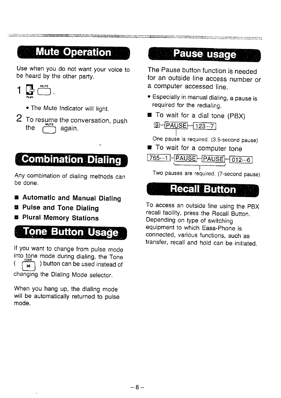 Mute oper^iòii, Ause, Cdinbinatibit dialing | Tone button uaa^e, Recali buttòiì | Panasonic Easa-Phone KX-T2322A User Manual | Page 9 / 14