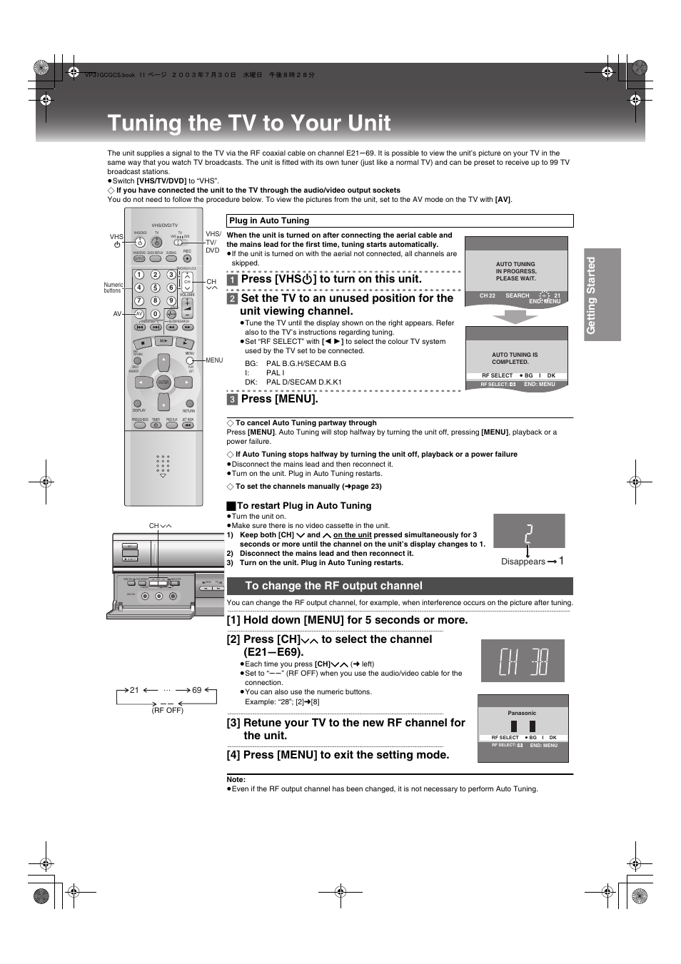 Tuning the tv to your unit, To change the rf output channel, Getting star ted | 3] press [menu, 1] hold down [menu] for 5 seconds or more, 2] press [ch, 4] press [menu] to exit the setting mode, ª to restart plug in auto tuning | Panasonic VP-31GN User Manual | Page 11 / 50