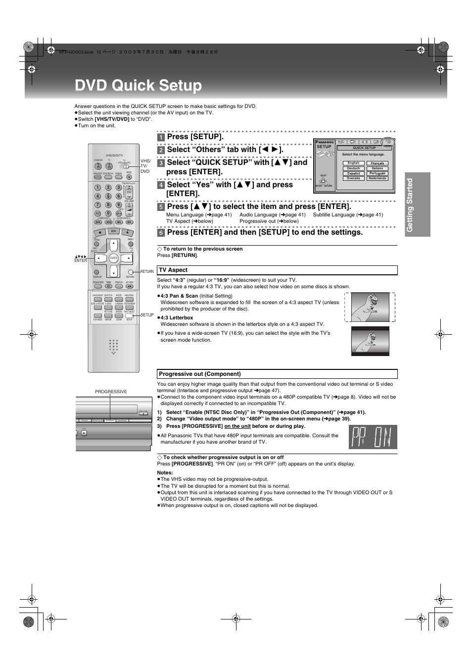 Dvd quick setup, Getting star ted | Panasonic VP-31GN User Manual | Page 13 / 50