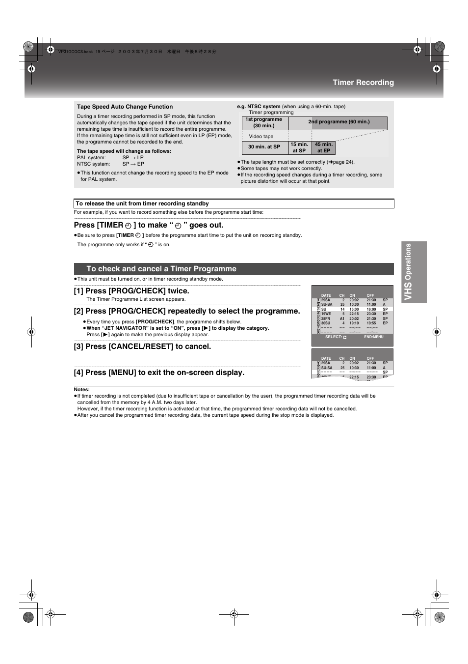 To check and cancel a timer programme, He tape speed, Operations | Timer recording, Press [timer ] to make “ ” goes out, 1] press [prog/check] twice, 3] press [cancel/reset] to cancel, 4] press [menu] to exit the on-screen display | Panasonic VP-31GN User Manual | Page 19 / 50