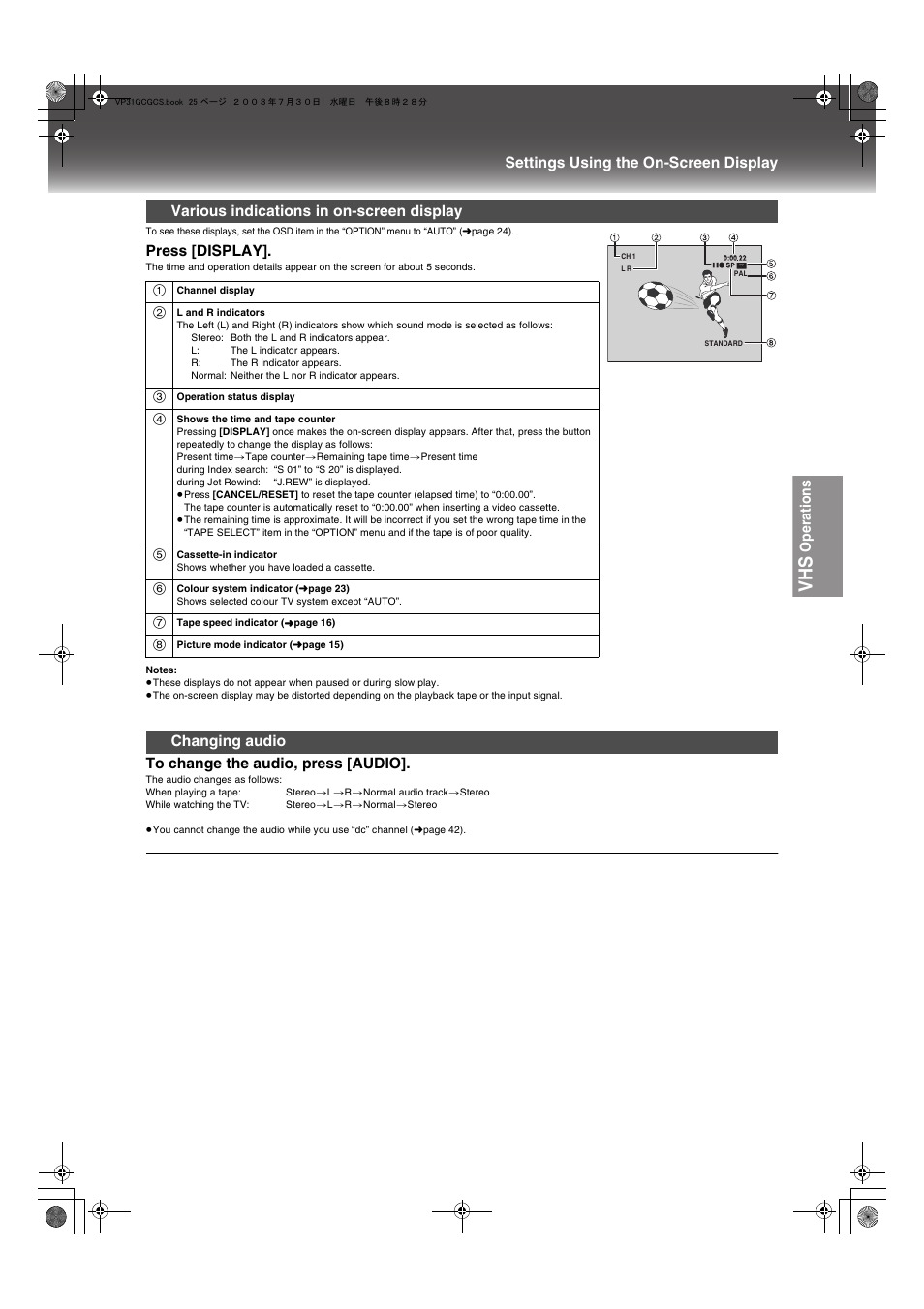 Operations, Settings using the on-screen display, Press [display | Various indications in on-screen display, Changing audio | Panasonic VP-31GN User Manual | Page 25 / 50