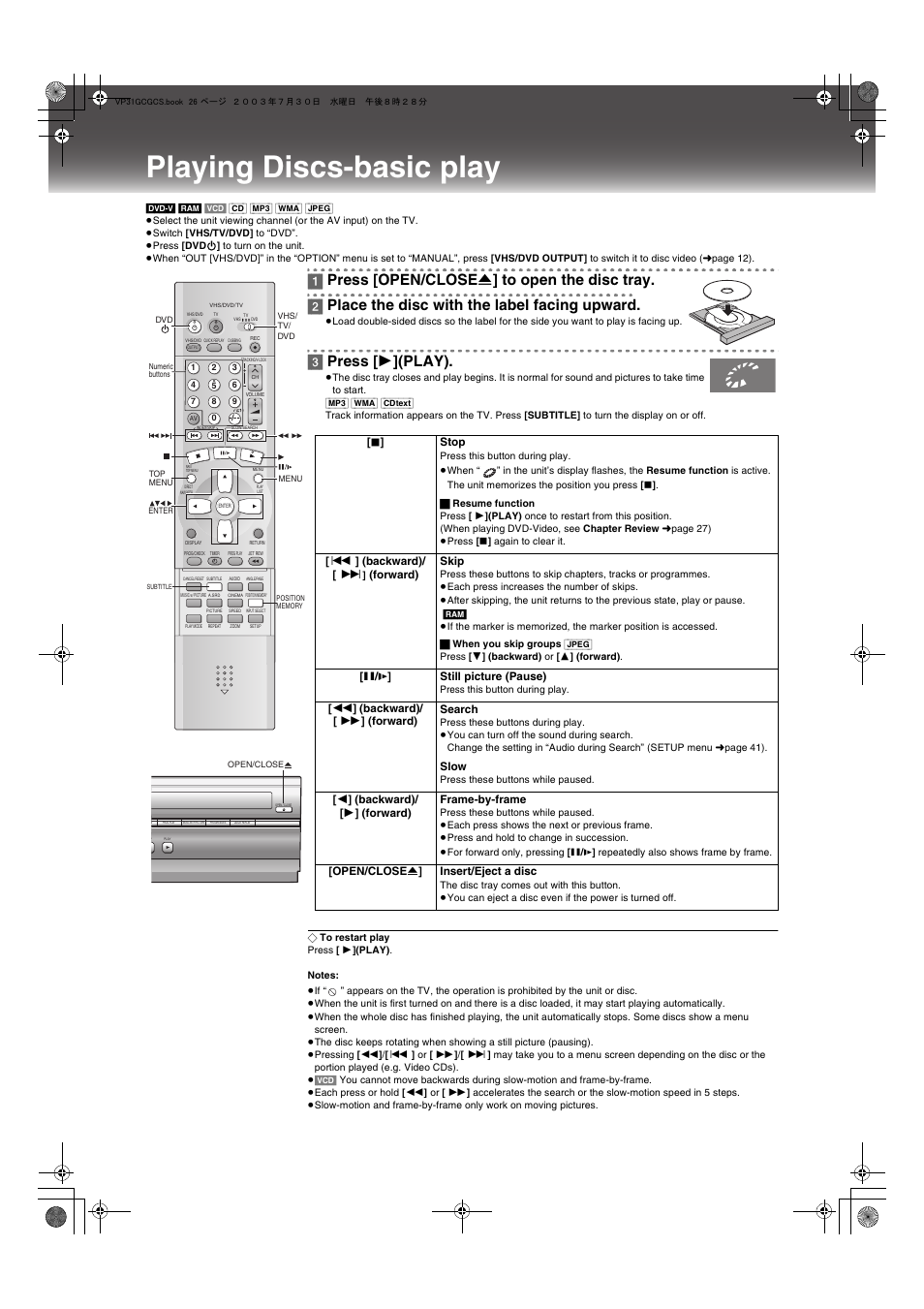 Playing discs-basic play, 3] press [ 1 ](play) | Panasonic VP-31GN User Manual | Page 26 / 50