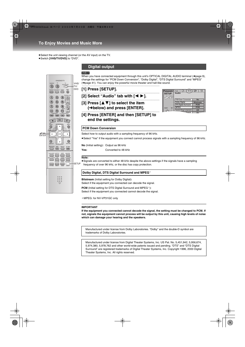 Digital output, 1] press [setup, 2] select “audio” tab with [ 2 1 | Panasonic VP-31GN User Manual | Page 36 / 50
