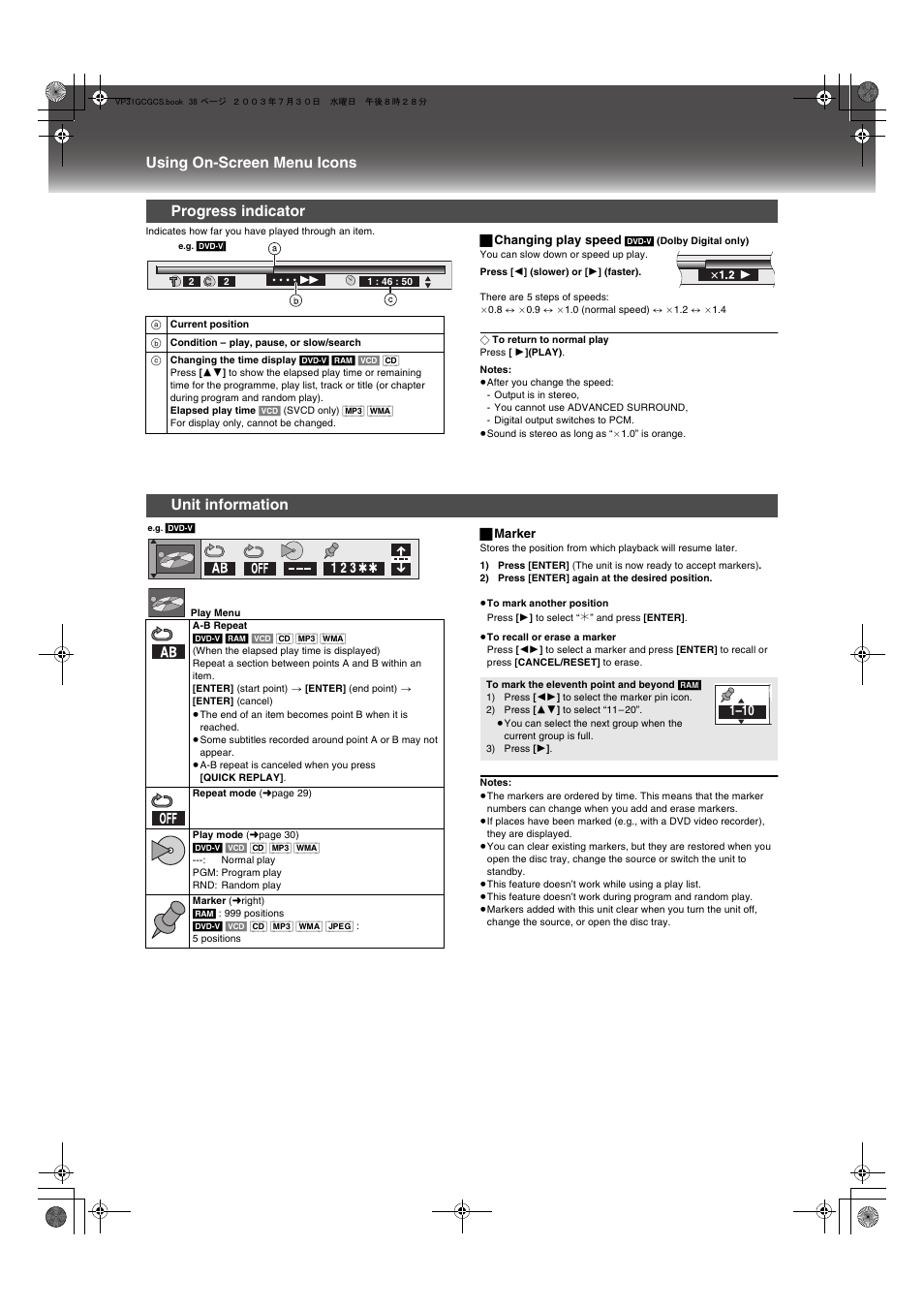 Progress indicator unit information, Using on-screen menu icons, Progress indicator | Unit information | Panasonic VP-31GN User Manual | Page 38 / 50