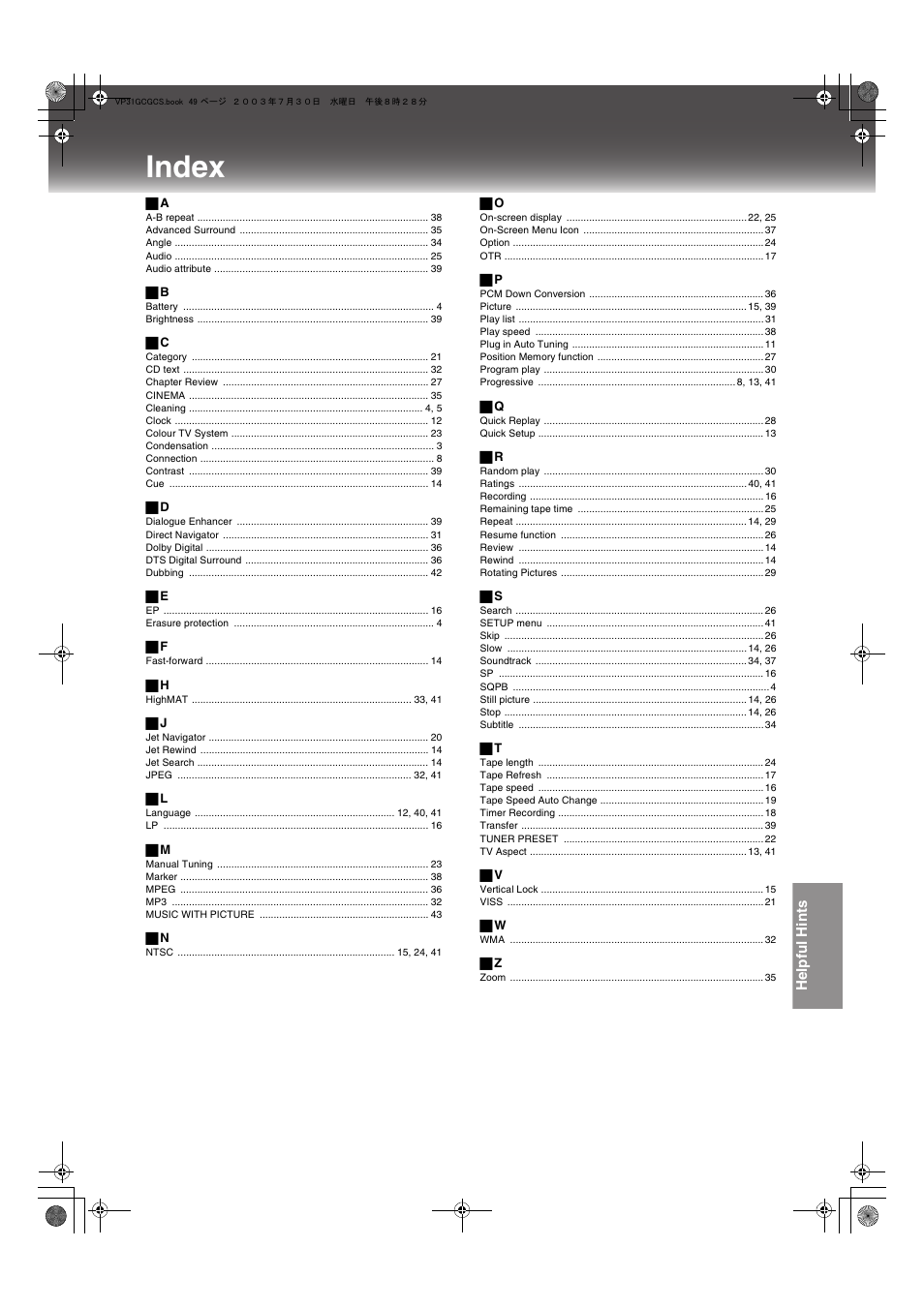 Index | Panasonic VP-31GN User Manual | Page 49 / 50