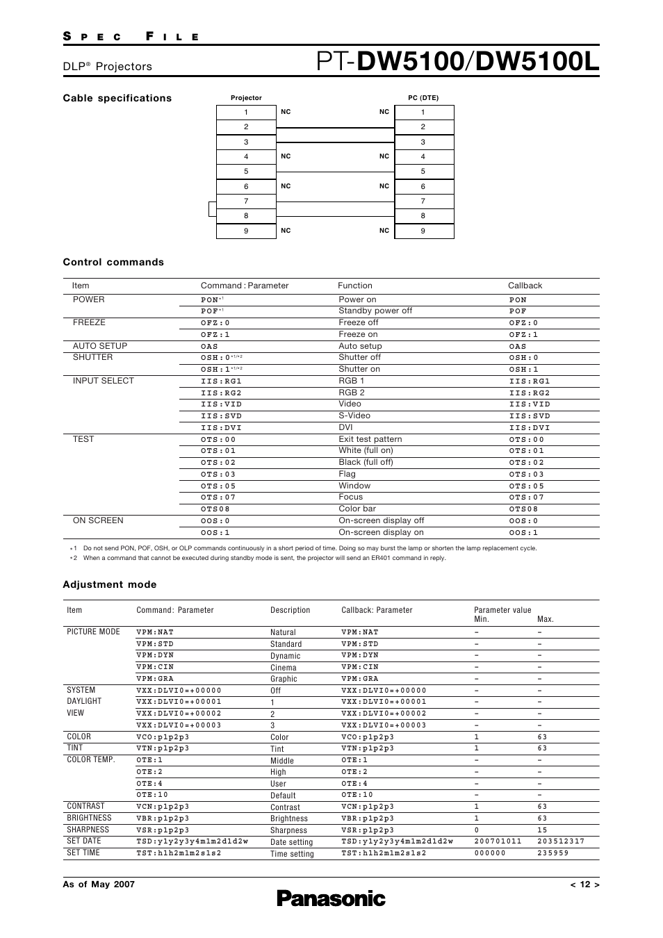 Cable specifications, Control commands, Projectors | Panasonic PT-DW5100L User Manual | Page 12 / 15