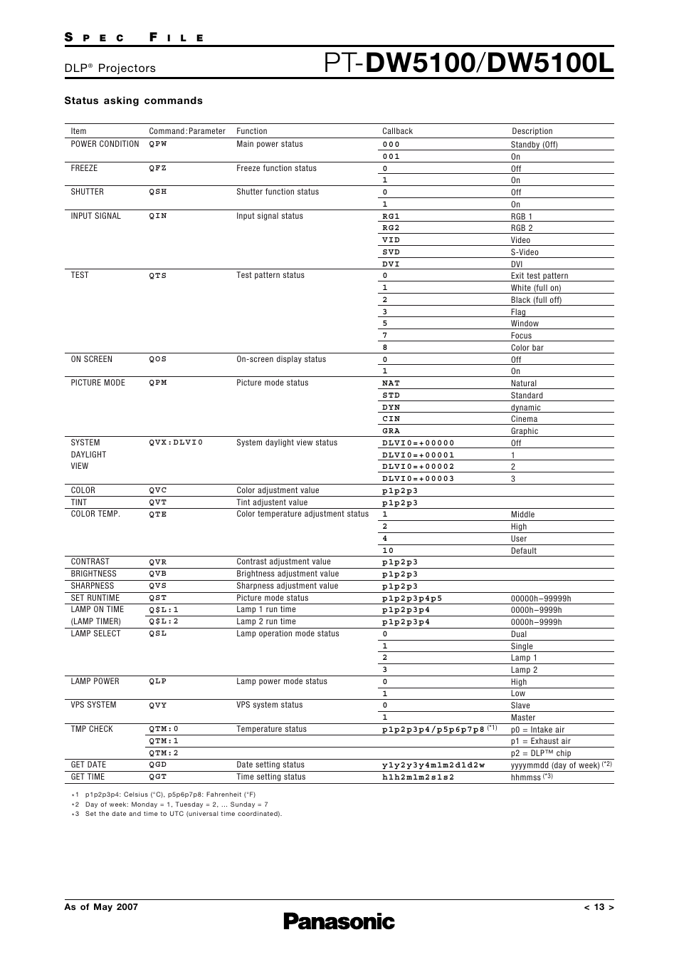 Status asking commands, Projectors | Panasonic PT-DW5100L User Manual | Page 13 / 15