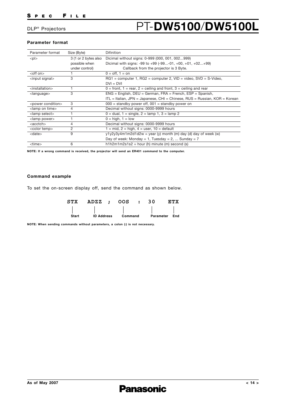 Parameter format, Adzz oos : 30 ; etx | Panasonic PT-DW5100L User Manual | Page 14 / 15