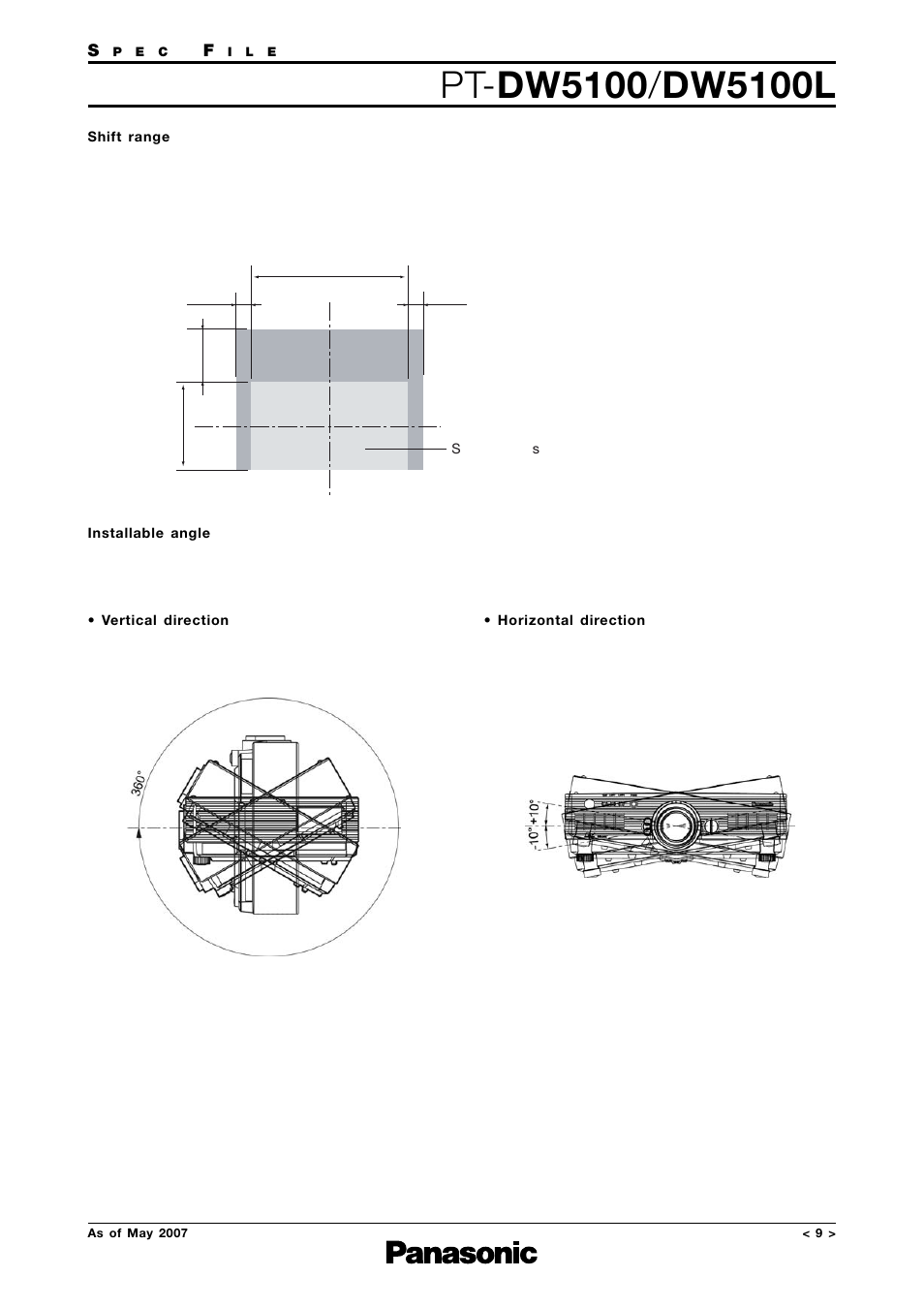 Shift range, Installable angle | Panasonic PT-DW5100L User Manual | Page 9 / 15