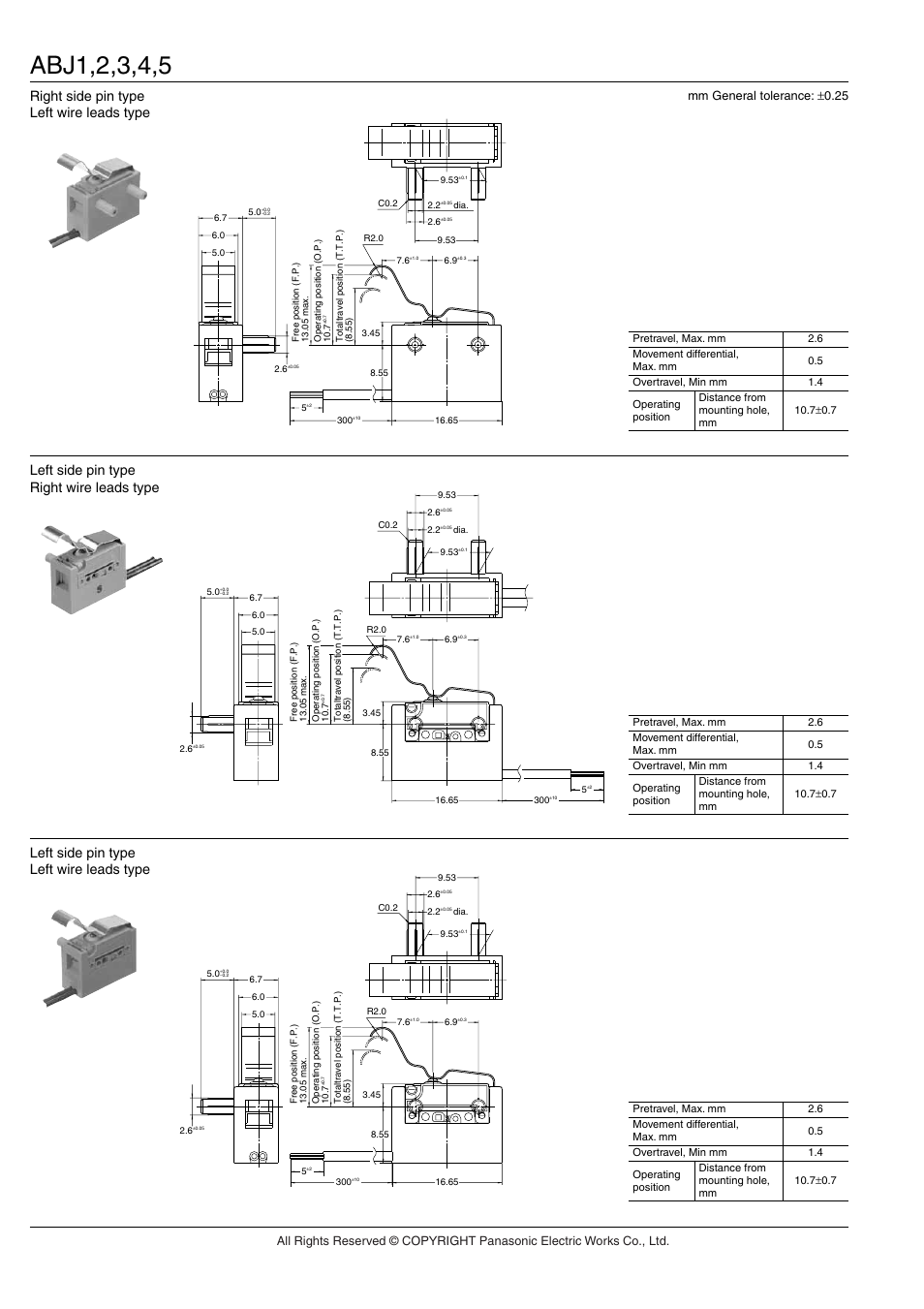 Right side pin type, Left wire leads type, Left side pin type right wire leads type | Left side pin type left wire leads type, Mm general tolerance: ±0.25 | Panasonic ABJ User Manual | Page 10 / 11