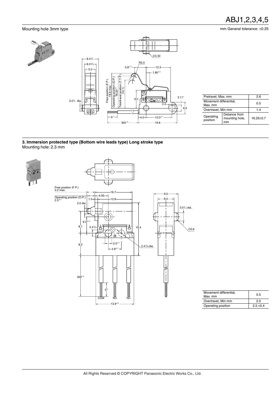 Mounting hole 3mm type, Mm general tolerance: ±0.25 | Panasonic ABJ User Manual | Page 11 / 11