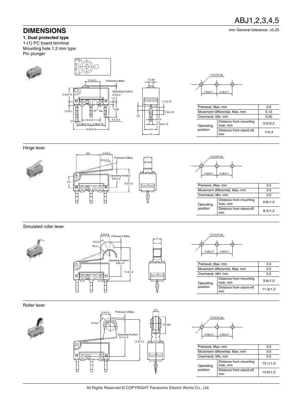 Dimensions, Hinge lever, Simulated roller lever | Roller lever | Panasonic ABJ User Manual | Page 7 / 11