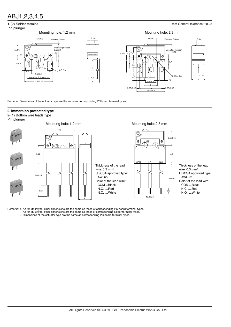 (2) solder terminal, Mounting hole: 1.2 mm, Mounting hole: 2.3 mm | Panasonic ABJ User Manual | Page 8 / 11