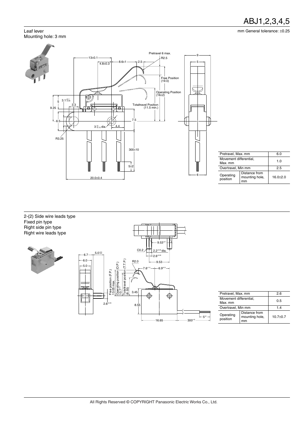 Leaf lever, Mounting hole: 3 mm | Panasonic ABJ User Manual | Page 9 / 11