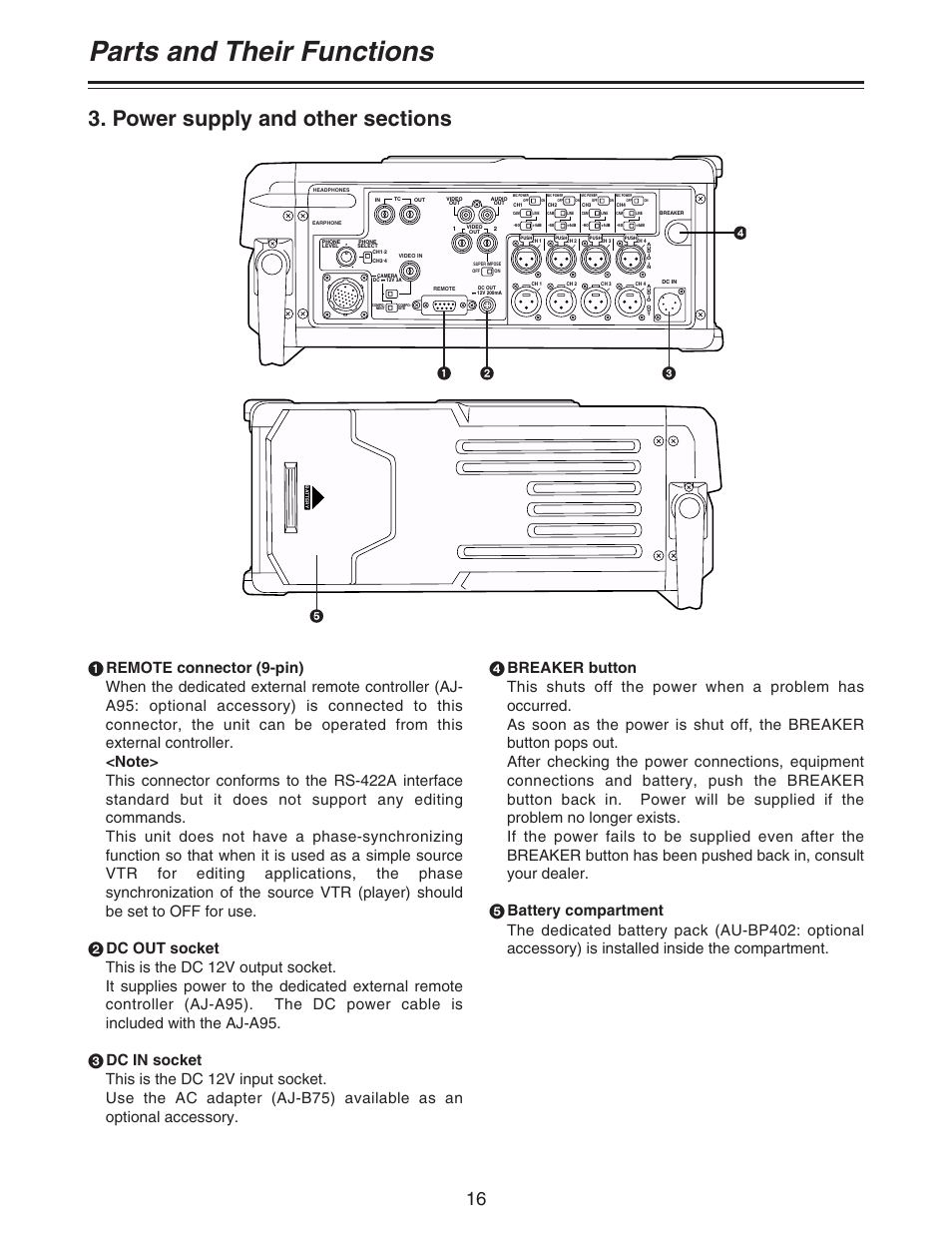 Parts and their functions | Panasonic AJ-D92P User Manual | Page 16 / 64
