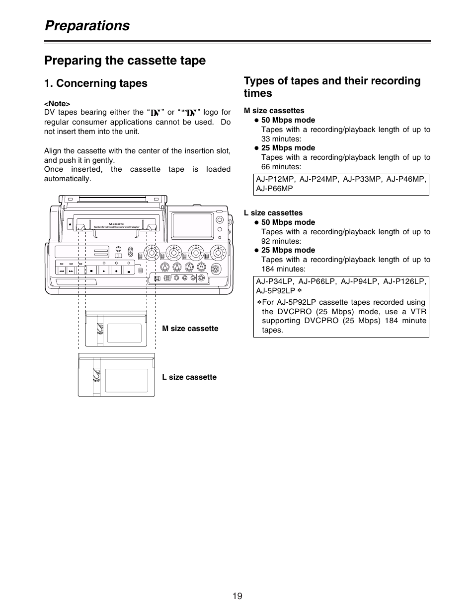 Preparations, Preparing the cassette tape, Concerning tapes | Types of tapes and their recording times | Panasonic AJ-D92P User Manual | Page 19 / 64