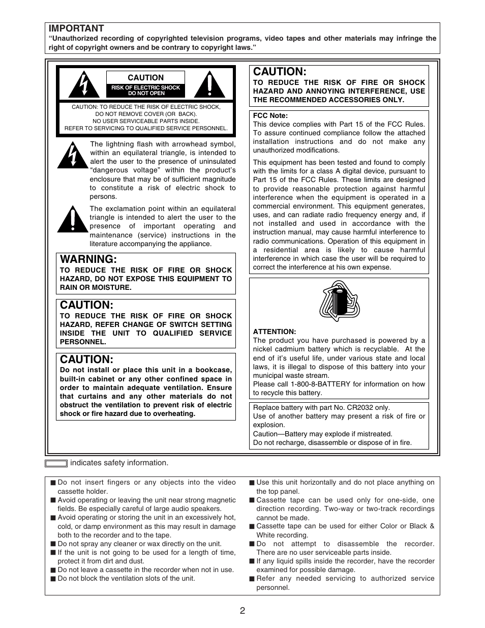 Warning, Caution, 2important | Panasonic AJ-D92P User Manual | Page 2 / 64