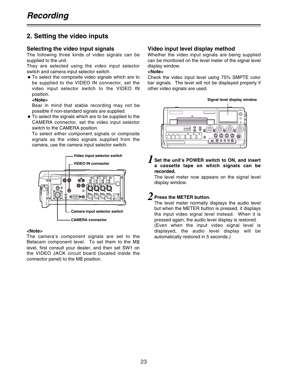 Recording, Setting the video inputs | Panasonic AJ-D92P User Manual | Page 23 / 64