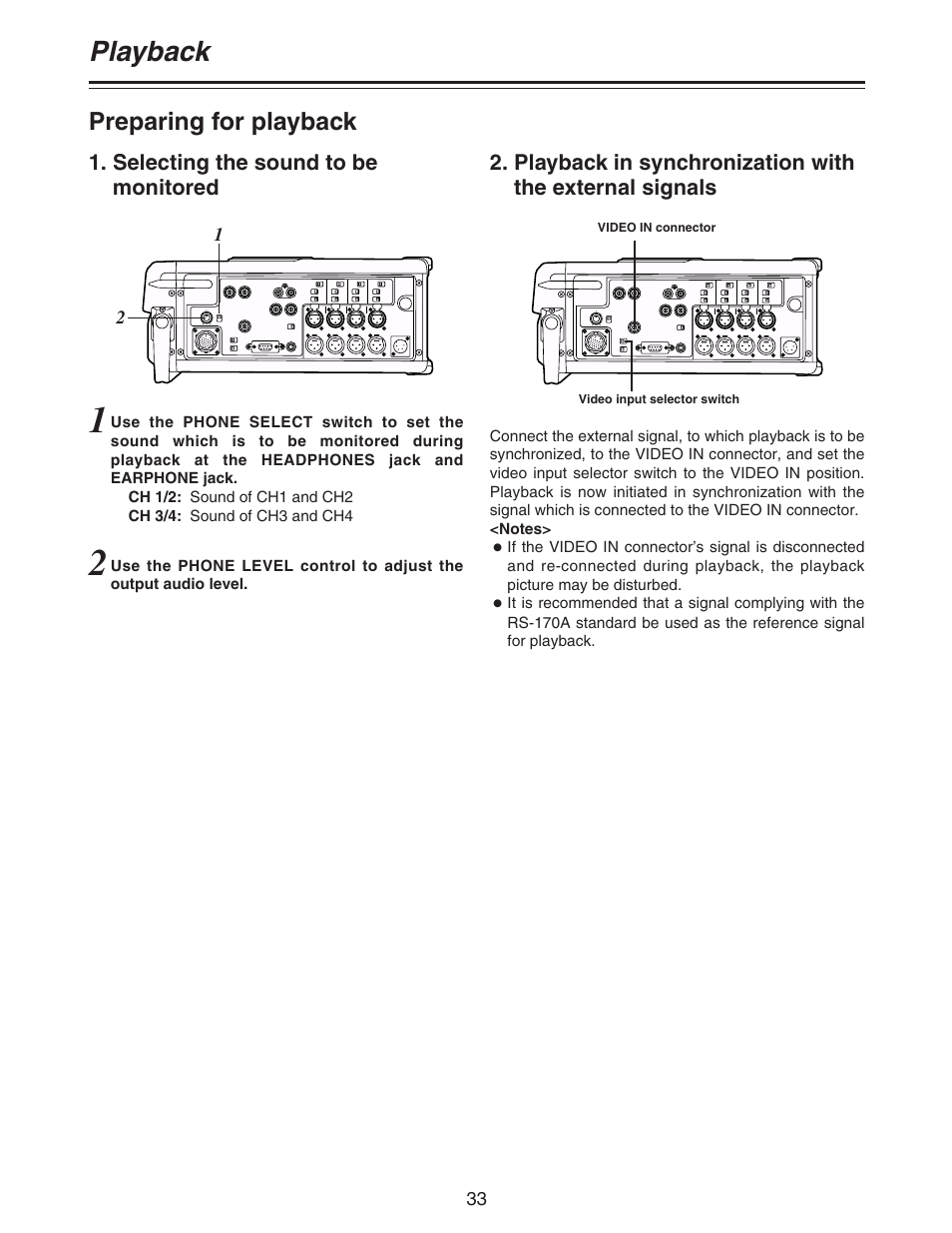 Playback, Preparing for playback | Panasonic AJ-D92P User Manual | Page 33 / 64