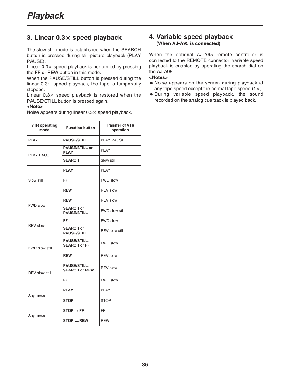 Playback, Linear 0.3 a a speed playback, Variable speed playback | Panasonic AJ-D92P User Manual | Page 36 / 64