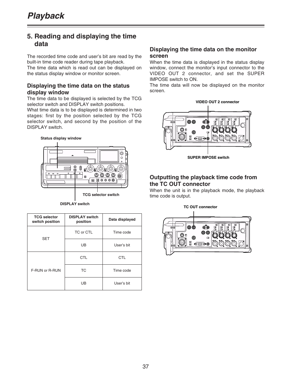 Playback, Reading and displaying the time data, Displaying the time data on the monitor screen | Panasonic AJ-D92P User Manual | Page 37 / 64