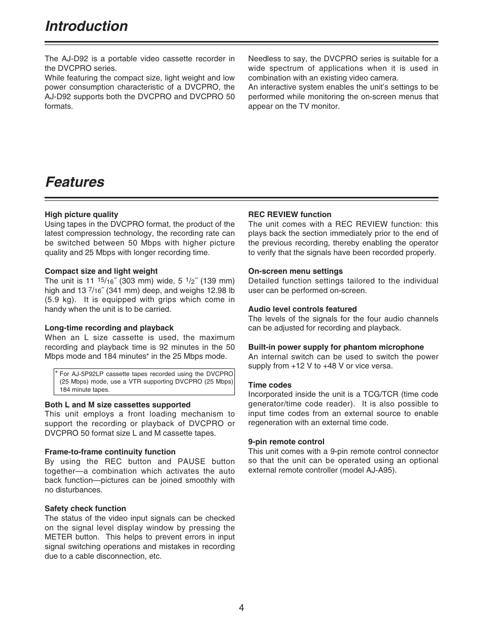 Introduction, Features | Panasonic AJ-D92P User Manual | Page 4 / 64