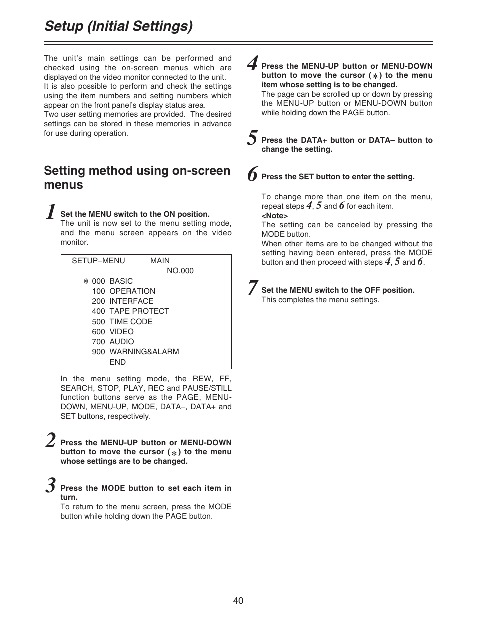 Setup (initial settings) | Panasonic AJ-D92P User Manual | Page 40 / 64