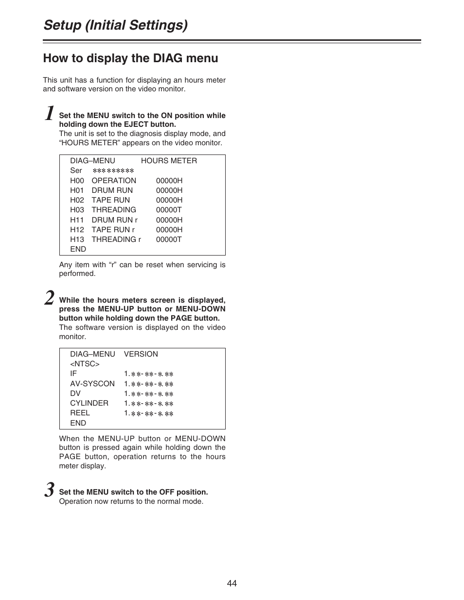 Setup (initial settings), How to display the diag menu | Panasonic AJ-D92P User Manual | Page 44 / 64