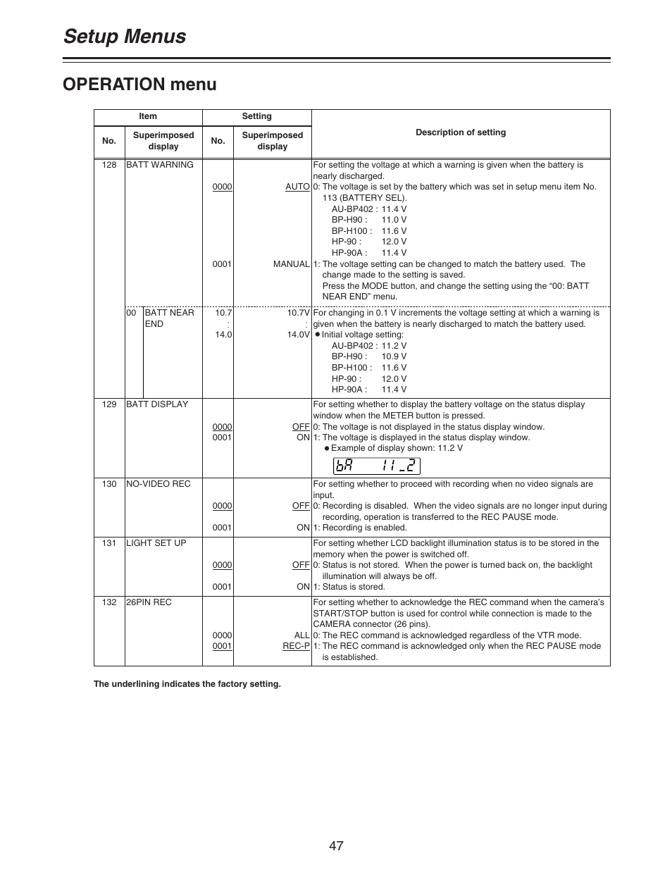 Setup menus, Operation menu | Panasonic AJ-D92P User Manual | Page 47 / 64