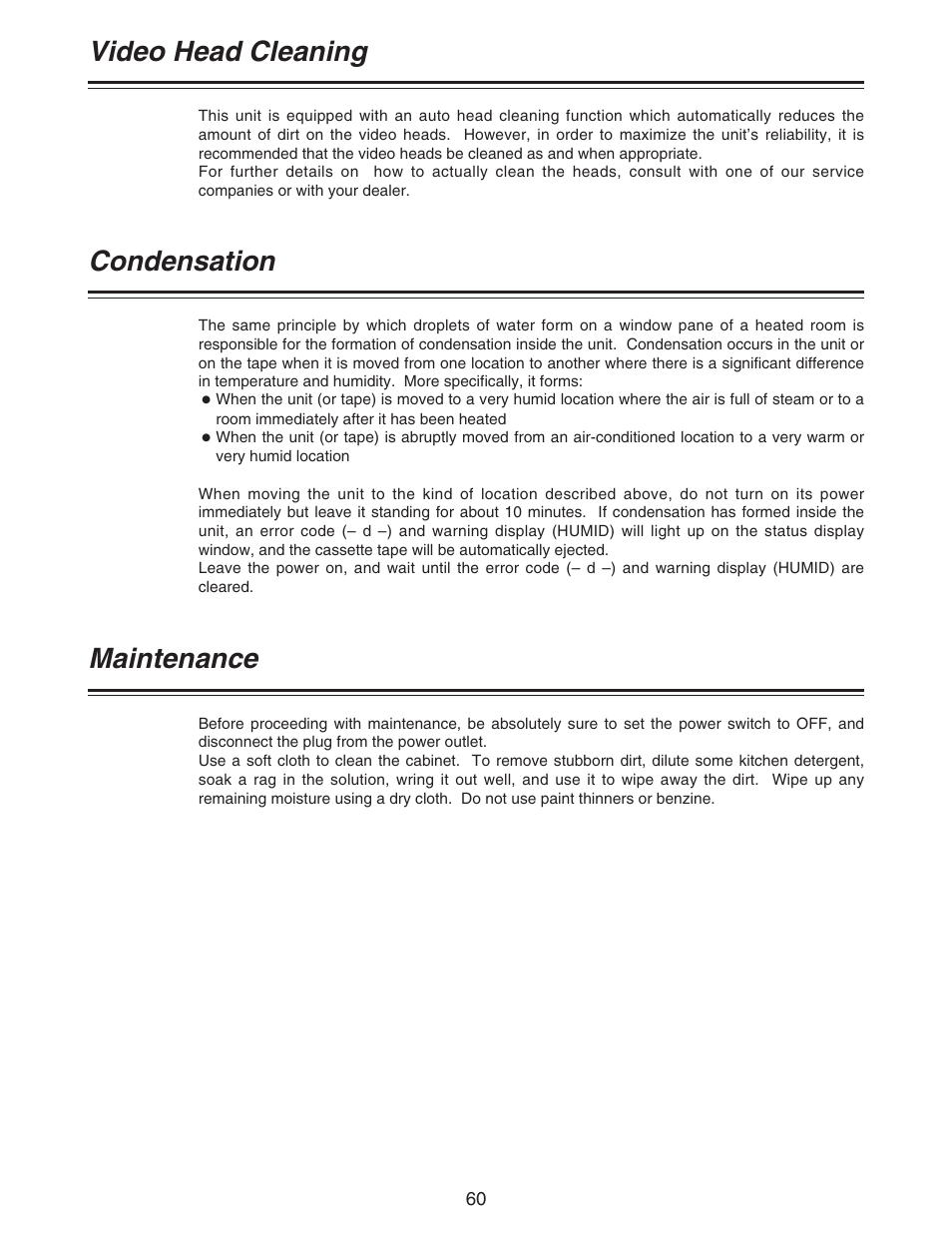 Video head cleaning, Condensation maintenance | Panasonic AJ-D92P User Manual | Page 60 / 64