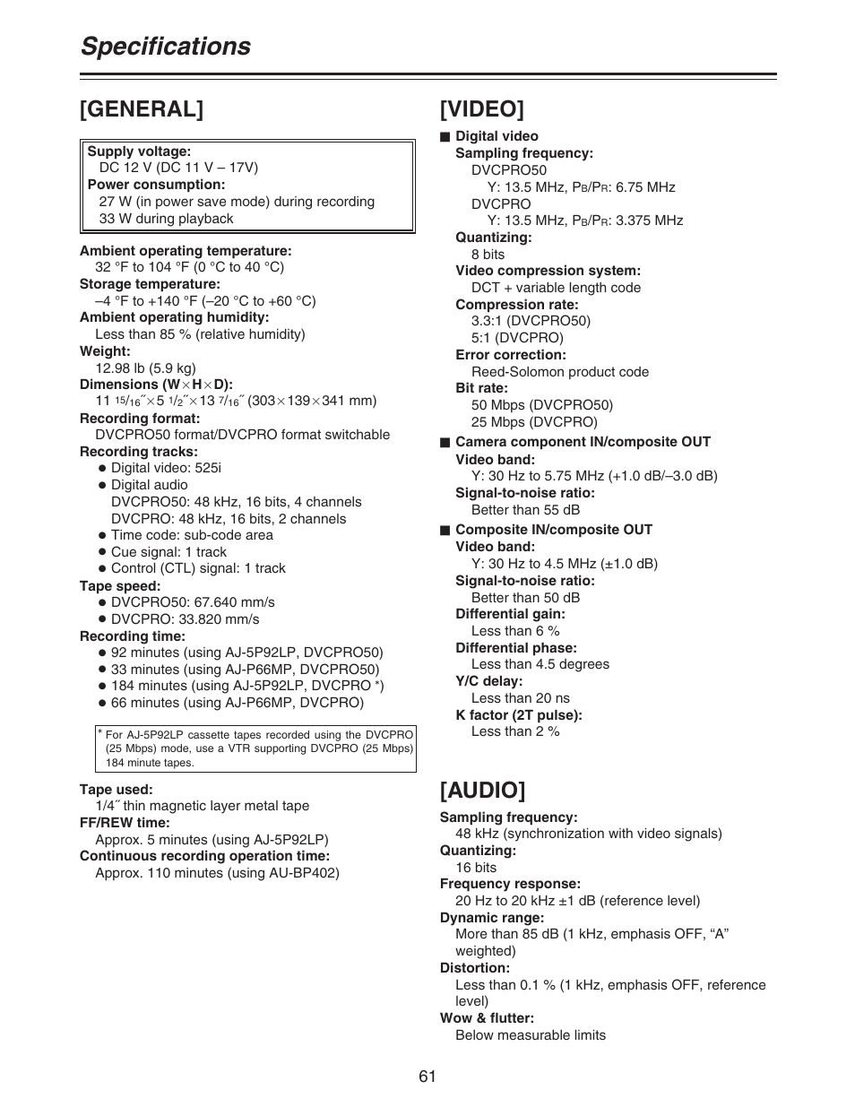 Specifications, General] [video, Audio | Panasonic AJ-D92P User Manual | Page 61 / 64