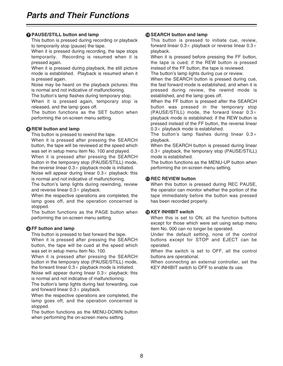 Parts and their functions | Panasonic AJ-D92P User Manual | Page 8 / 64