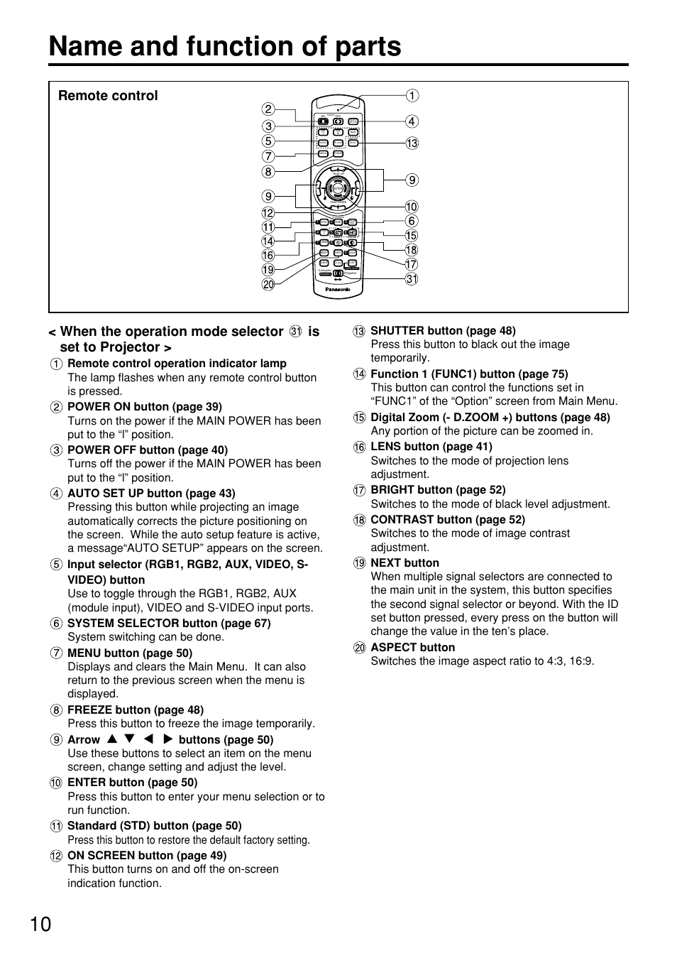 Name and function of parts, Remote control | Panasonic PT-D7600U User Manual | Page 10 / 112