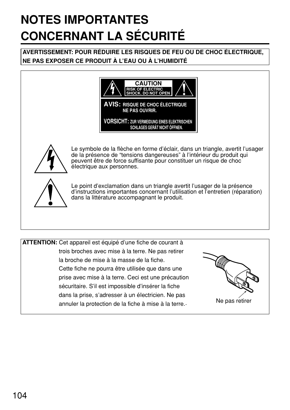 Concernant la sécurité | Panasonic PT-D7600U User Manual | Page 104 / 112