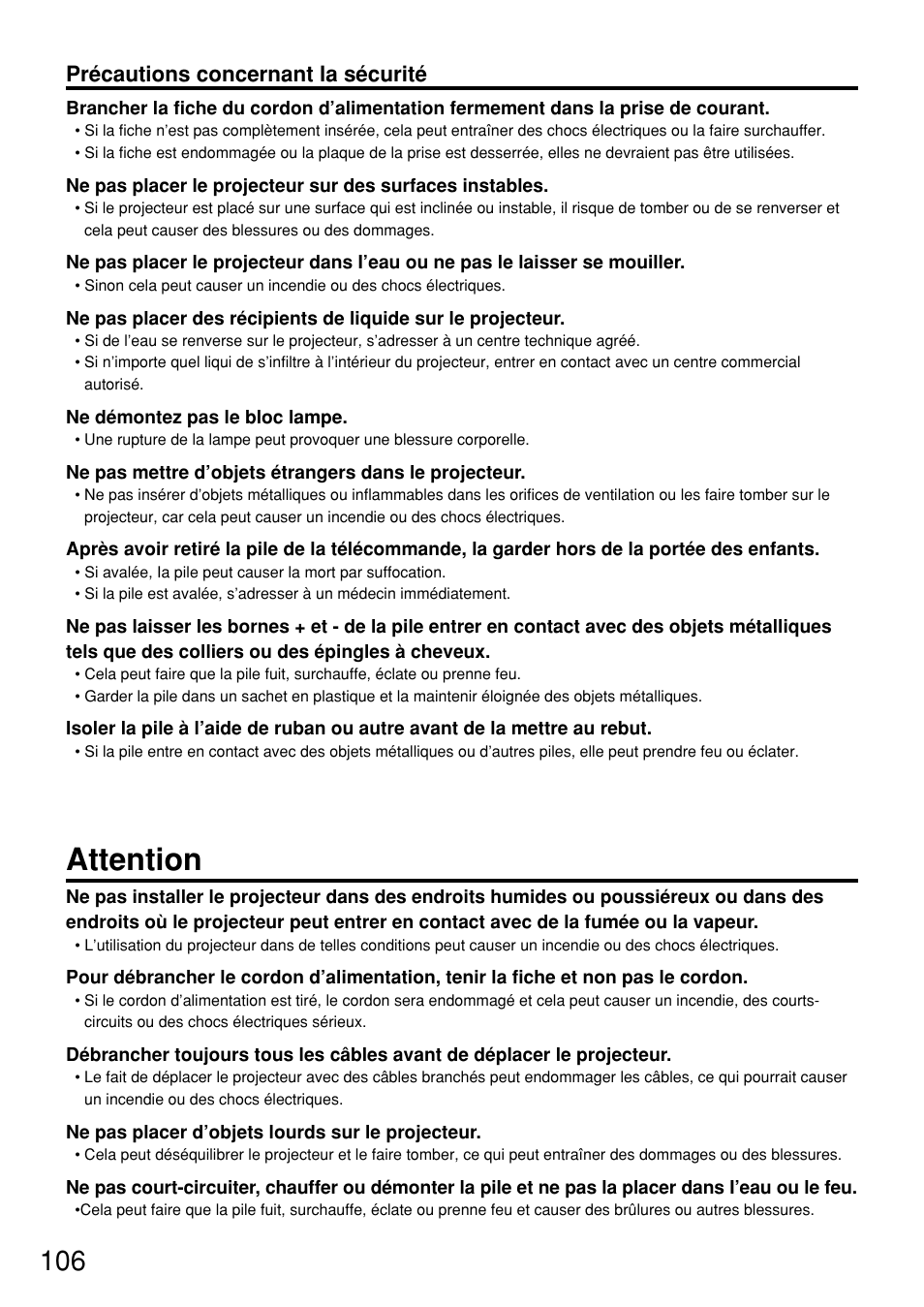 Attention, Précautions concernant la sécurité | Panasonic PT-D7600U User Manual | Page 106 / 112