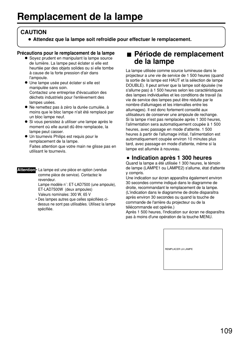 Remplacement de la lampe, Période de remplacement de la lampe | Panasonic PT-D7600U User Manual | Page 109 / 112