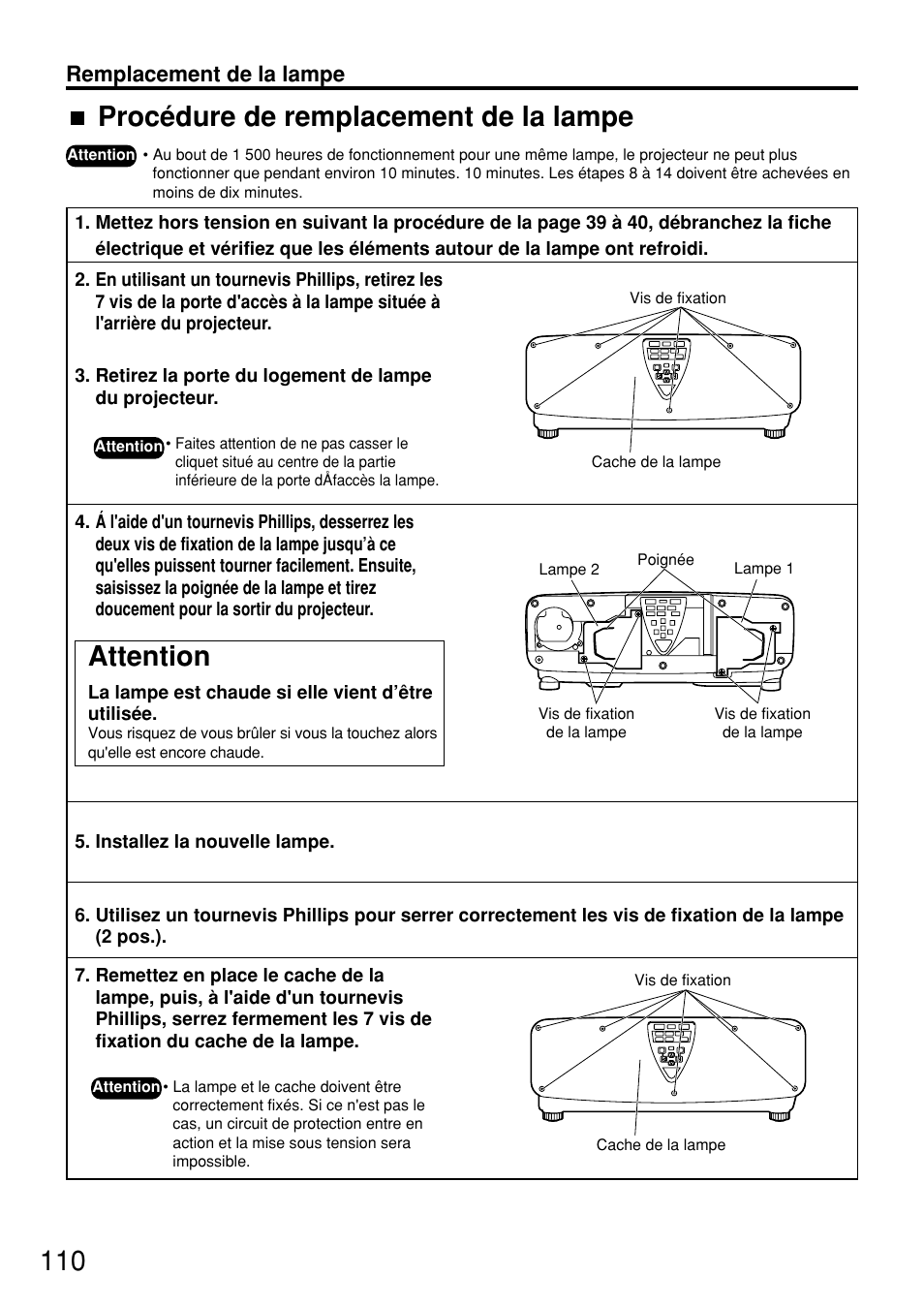Attention, Procédure de remplacement de la lampe, Remplacement de la lampe | Panasonic PT-D7600U User Manual | Page 110 / 112
