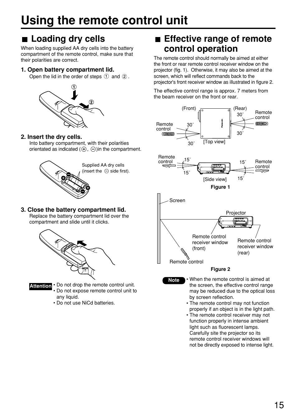 Using the remote control unit, 15 loading dry cells, Effective range of remote control operation | Panasonic PT-D7600U User Manual | Page 15 / 112