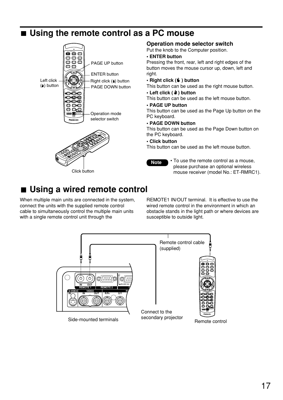 17 using the remote control as a pc mouse, Using a wired remote control, Operation mode selector switch | Lase r o n/off, Po w er, Rg b, Vid eo, Sh ut te r au to se tu p, Br ig ht co nt ra st on s cr ee n sy st em, Fu nc | Panasonic PT-D7600U User Manual | Page 17 / 112