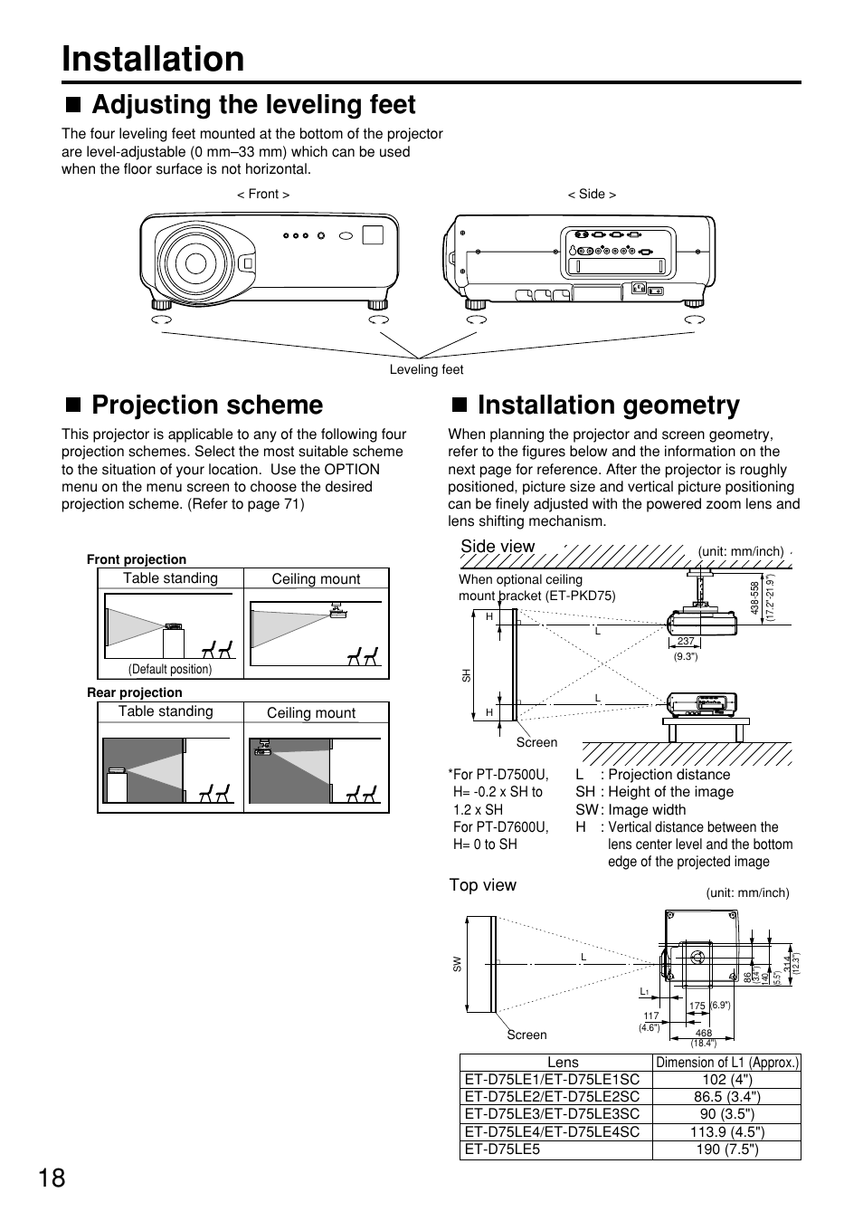 Installation, 18 projection scheme, Installation geometry | Adjusting the leveling feet, Side view | Panasonic PT-D7600U User Manual | Page 18 / 112
