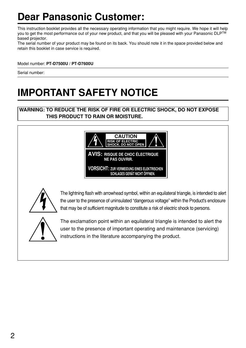 Dear panasonic customer, Important safety notice | Panasonic PT-D7600U User Manual | Page 2 / 112