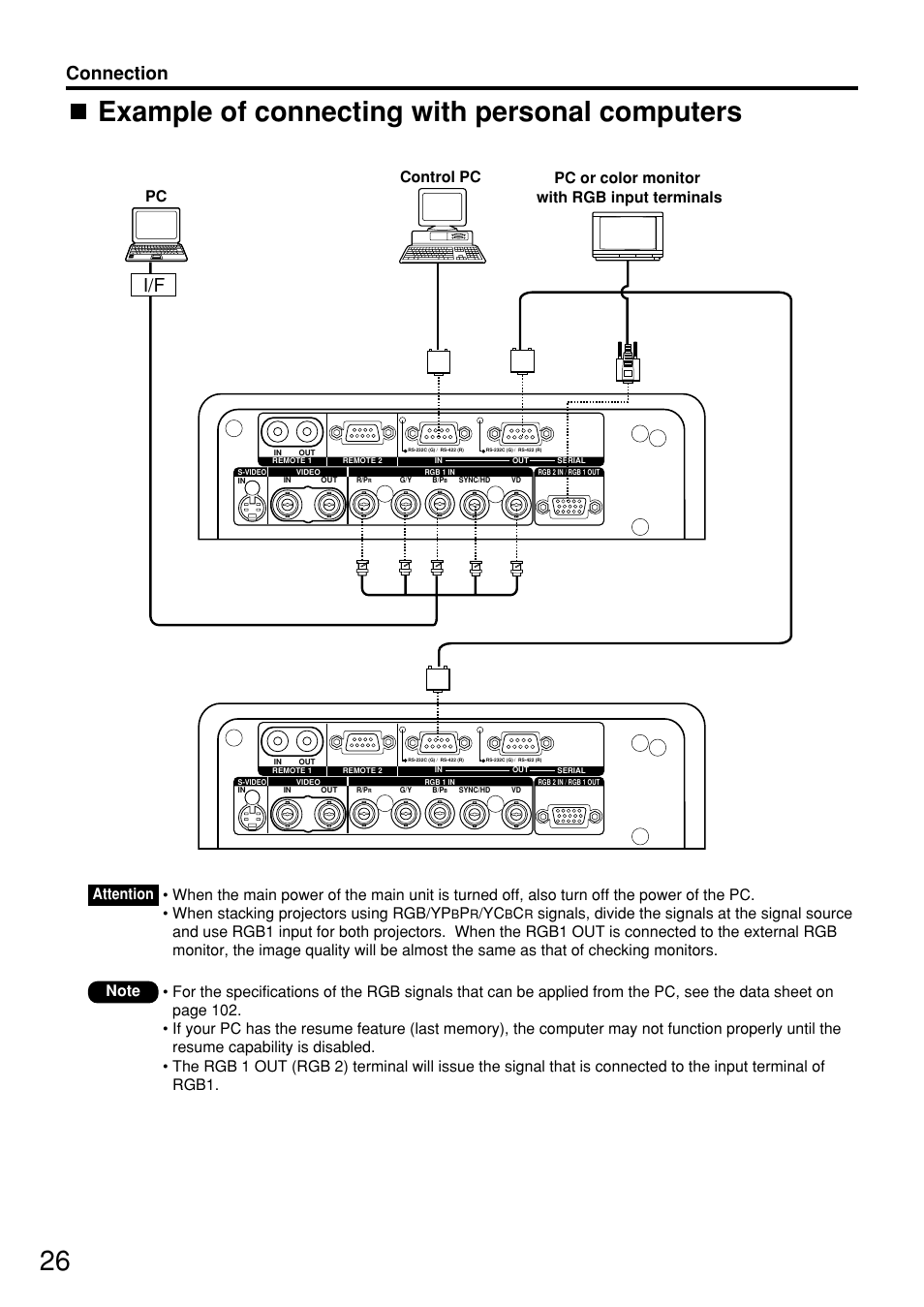Example of connecting with personal computers, Connection | Panasonic PT-D7600U User Manual | Page 26 / 112