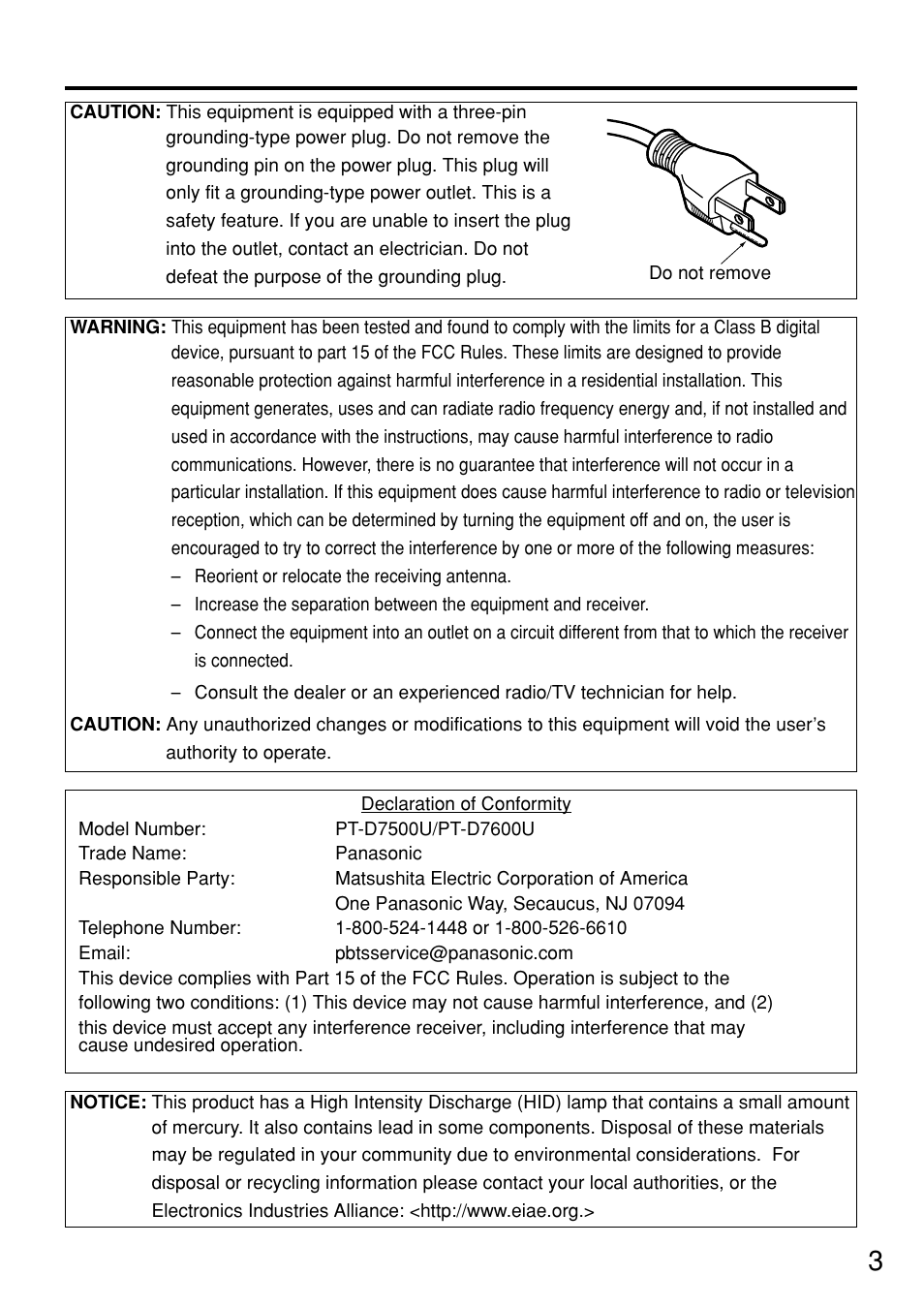 Panasonic PT-D7600U User Manual | Page 3 / 112